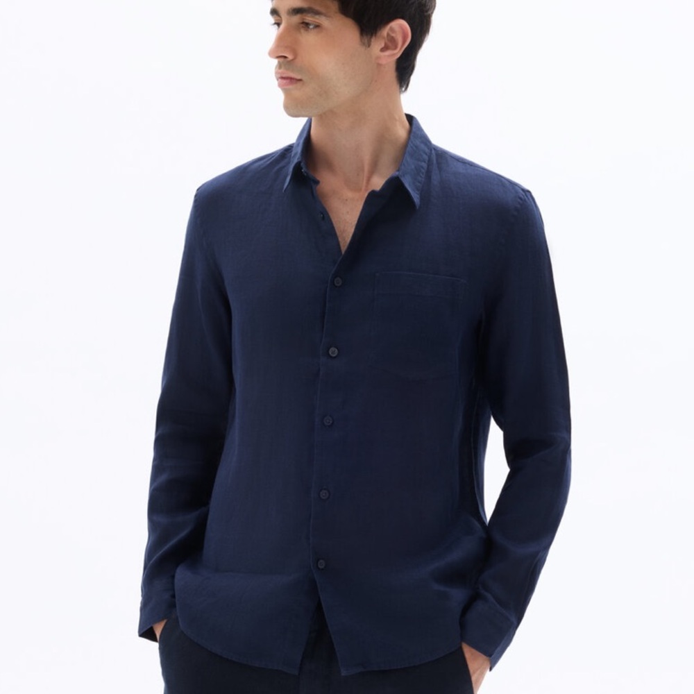 Theory Irving  Pa L Baltic Precise Linen 2 Long-Sleeve Button-Up Shirt.Navy